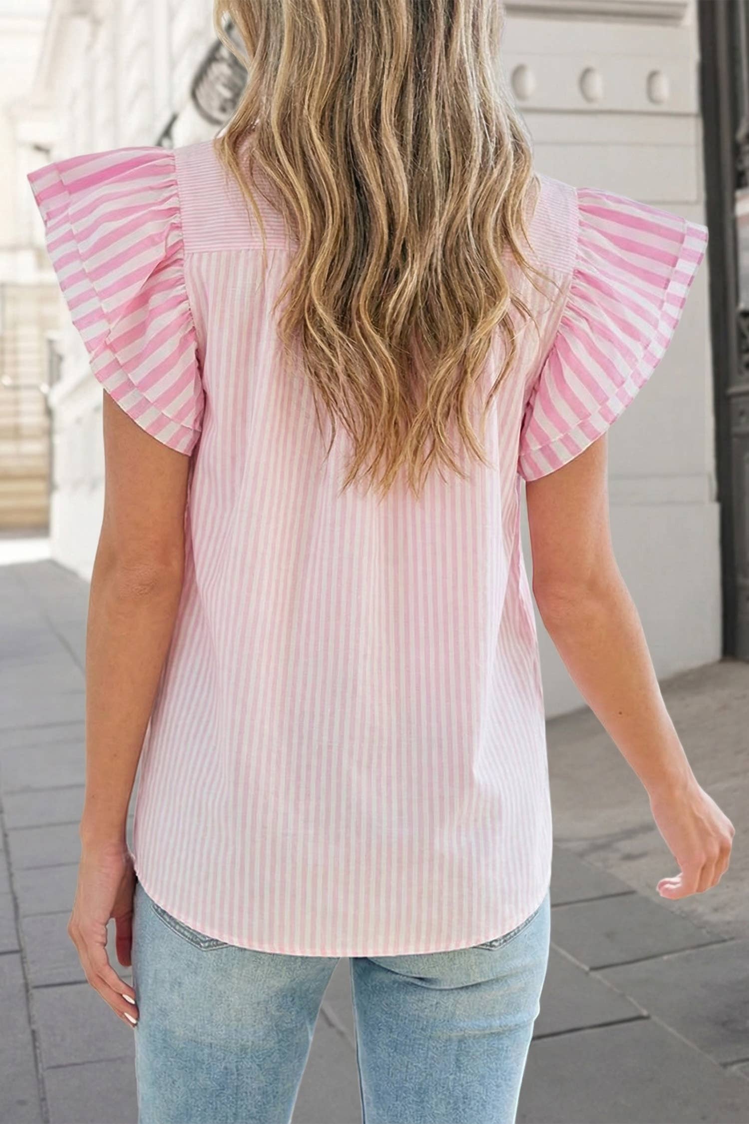 Stripe Contrast Trim V Neck Blouse